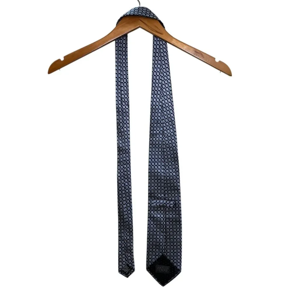 Gianfranco Ferre Silk Tie Blue Silver Geometric Square Pattern Made in Italy